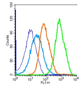 Mouse splenocytes probed with Rabbit Anti-JAK2 Polyclonal Antibody, Unconjugated (bs-0908R) (green) at 1:100 for 30 minutes followed by a FITC conjugated secondary antibody compared to unstained cells (blue), secondary only(light blue), and isotype control(orange).