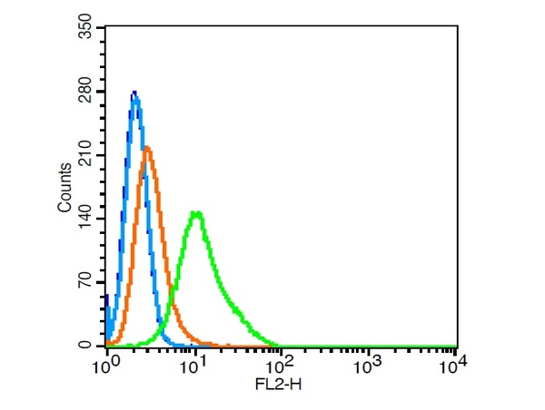 Hela cells probed with Giantin/GM130 Polyclonal Antibody, Unconjugated (bs-13356R) at 1:100 for 30 minutes followed by incubation with a conjugated secondary (PE Conjugated) (green) for 30 minutes compared to control cells (blue), secondary only (light blue) and isotype control (orange).