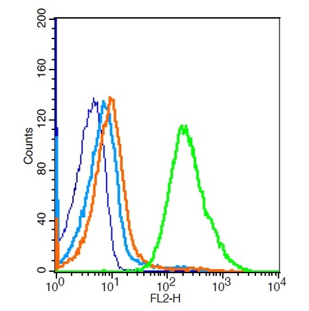 Mouse splenocytes probed with TLR1 Polyclonal Antibody, Unconjugated (bs-1919R) at 1:100 for 30 minutes followed by incubation with a conjugated secondary (PE Conjugated) (green) for 30 minutes compared to control cells (blue), secondary only (light blue) and isotype control (orange).