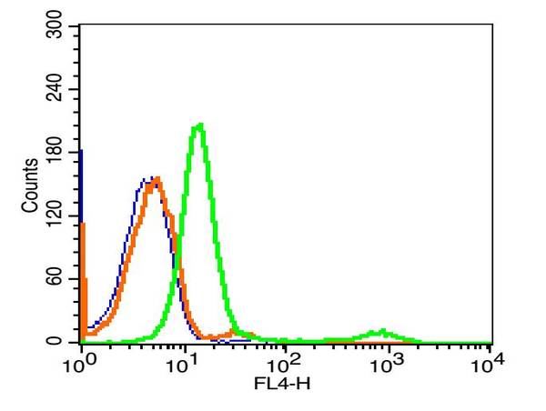 Human Hela cells probed with CD10 Polyclonal Antibody, Alexa Fluor 647 conjugated (bs-0527R-A647) (green) at 1:20 for 30 minutes compared to unstained cells (blue) and isotype control (orange).