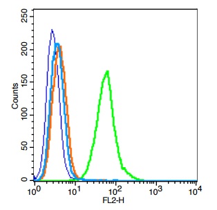 A549 cells probed with TLR6 Polyclonal Antibody, Unconjugated (bs-2716R)  at 1:100 for 30 minutes followed by incubation with a conjugated secondary (PE Conjugated)  (green) for 30 minutes compared to control cells (blue), secondary only (light blue) and isotype control (orange).