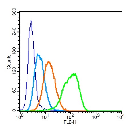 Human U937 cells probed with Integrin alpha L/CD11a Antibody, Unconjugated (bs-1804R) at 1:100 for 30 minutes followed by incubation with a PE Conjugated secondary (green) for 30 minutes compared to control cells (blue), secondary only (light blue) and isotype control (orange).