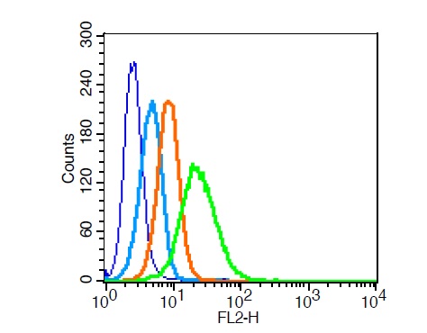 Human U937 cells probed with \tLRP1/CD91 Polyclonal Antibody, Unconjugated (bs-2677R) at 1:100 for 30 minutes followed by incubation with a PE conjugated secondary (green) for 30 minutes compared to control cells (blue), secondary only (light blue) and isotype control (orange).
