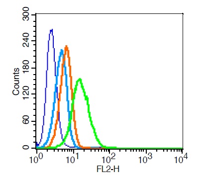 U937 cells probed with \tAnti-CD162 Polyclonal Antibody, Unconjugated (bs-2301R) at 0.2ug for 30 minutes followed by incubation with a PE conjugated secondary (green) for 30 minutes compared to control cells (blue), secondary only (light blue) and isotype control (orange).