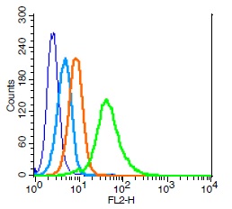 Human U937 cells probed with CDC123 Polyclonal Antibody, Unconjugated (bs-7781R) (green) at 1:100 for 30 minutes followed by a PE conjugated secondary antibody compared to unstained cells (blue), secondary only (light blue), and isotype control (orange).