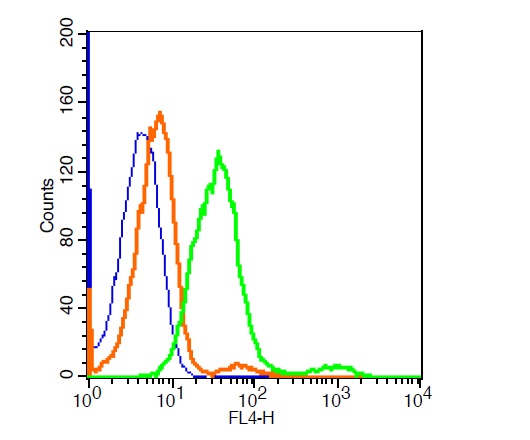 HepG2 cells probed with CD200R2 Polyclonal Antibody, ALEXA FLUOR® 647 Conjugated (bs-7351R-A647) at 1:100 for 30 minutes compared to control cells (blue)and isotype control (orange).