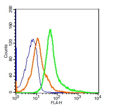 RSC96 cells probed with CD163/M130 Polyclonal Antibody, ALEXA FLUOR® 647 Conjugated (bs-2527R-A647) at 1:20 for 30 minutes compared to control cells (blue)and isotype control (orange).