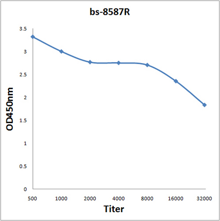 Antigen: bs-8587P, 0.2ug/100ul \nPrimary: Antiserum, 1:500, 1:1000, 1:2000, 1:4000, 1:8000, 1:16000, 1:32000; \nSecondary: HRP conjugated Goat-Anti-Rabbit IgG(bs-0295G-HRP) at 1: 5000;\nTMB staining;\nRead the data in MicroplateReader by 450