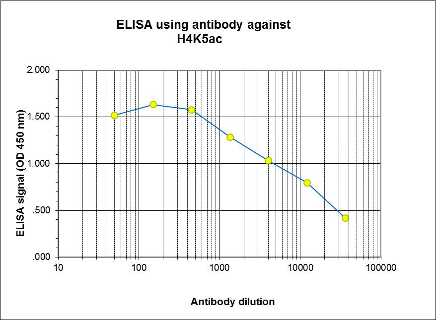 ELISA was performed using a serial dilution of the_x000D_ H4K5ac Polyclonal Antibody (bs-53099R) against peptide containing the histone modification of interest. By plotting the absorbance against the antibody dilution, the titer of the antibody was estimated to be 1:8,900.