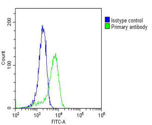 PC-3 cells probed with using RAB18 (3A8) Monoclonal Antibody bsm-51333M at 1:25 for 60 minutes followed by A488 secondary antibody at 1:200 (green), compared to an isotype control of mouse IgG1 (blue).