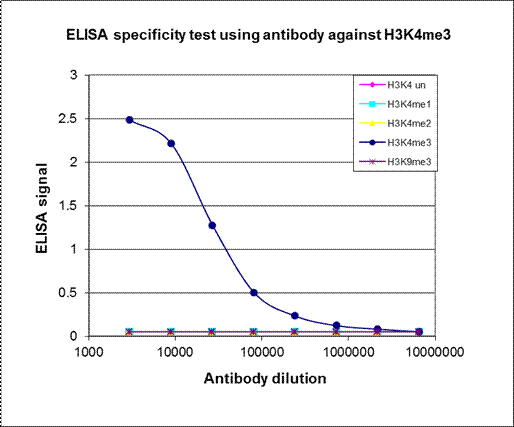 To test the specificity an ELISA was performed using a serial dilution of H3K4me3 (2G10) Monoclonal Antibody (Cat. No. bsm-53015M). The wells were coated with peptides containing the unmodified H3K4 as well as the mono-, di- and trimethylated H3K4 and the trimethylated H3K9. Figure shows a high specificity of the antibody for the modification of interest.