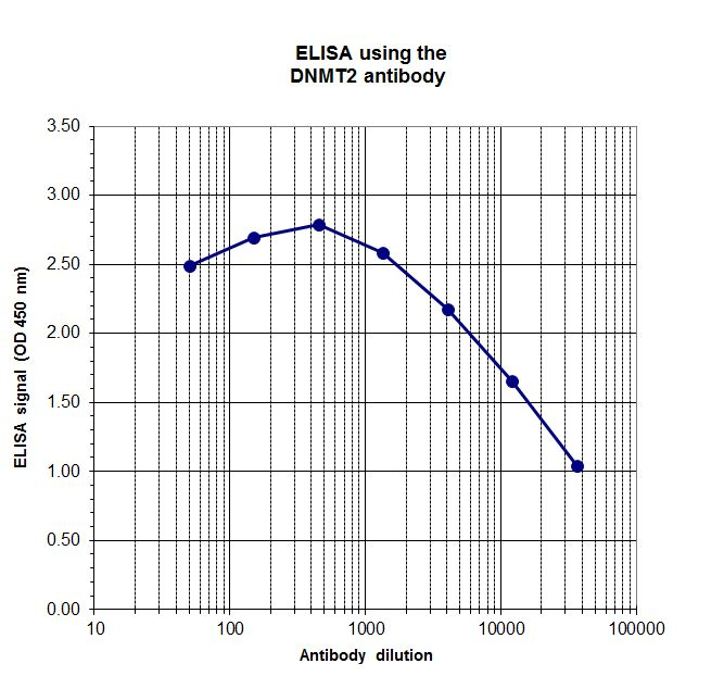 To determine the titer, an ELISA was performed using a serial dilution of the Dnmt2 antibody (bs-53057R). The wells were coated with peptides. By plotting the absorbance against the antibody dilution, the titer of the antibody was estimated to be 1:21,000.