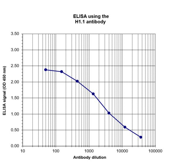 To determine the titer of the antibody, an ELISA was performed using a serial dilution of the H1.1 antibody (bs-53089R). The plates were coated with the peptide. By plotting the absorbance against the antibody dilution, the titer of the antibody was estimated to be 1:3,000.