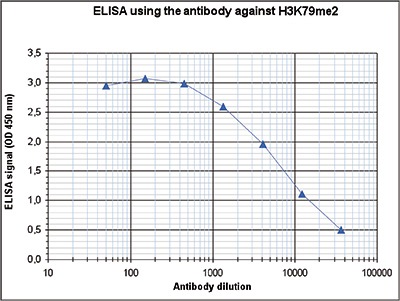 To determine the titer of the antibody, an ELISA was performed using a serial dilution of the Bioss antibody directed against H3K79me2 (Cat. No. bs-53111R). The antigen used was a peptide containing the histone modification of interest. By plotting the absorbance against the antibody dilution, the titer of the antibody was estimated to be 1:6,600.