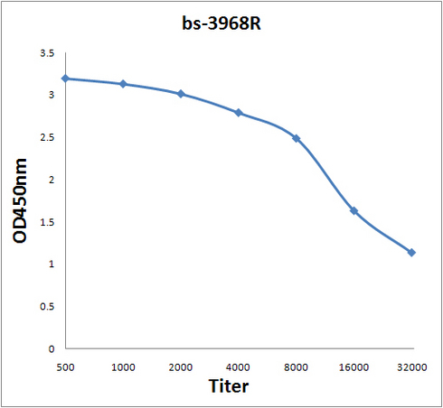 Antigen: bs-3968P, 0.2ug/100ul \nPrimary: Antiserum, 1:500, 1:1000, 1:2000, 1:4000, 1:8000, 1:16000, 1:32000; \nSecondary: HRP conjugated Goat-Anti-Rabbit IgG(bs-0295G-HRP) at 1: 5000;\nTMB staining;\nRead the data in MicroplateReader by 450