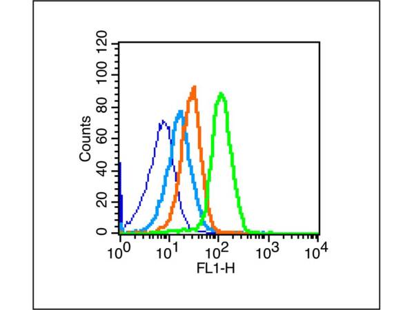 Mouse spleen cells probed with p75 NGF Receptor Polyclonal Antibody, unconjugated (bs-0161R) at 1:100 dilution for 30 minutes compared to control cells (dark blue), secondary only (light blue) and isotype control (orange)