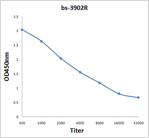 Antigen: bs-3902P, 2ug/100ul \nPrimary: Antiserum, 1:500, 1:1000, 1:2000, 1:4000, 1:8000, 1:16000, 1:32000; \nSecondary: HRP conjugated Rabbit Anti-Goat IgG(bs-0294R-HRP) at 1: 5000; \nTMB staining\nRead the data in Microplate Reader by 450nm.