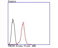 Flow cytometric analysis of MCF-7 cells with PDCD4 (3G1) Monoclonal Antibody (bsm-54041R) at 1:100 dilution (red) compared with an unlabeled control (cells without incubation with primary antibody; black).