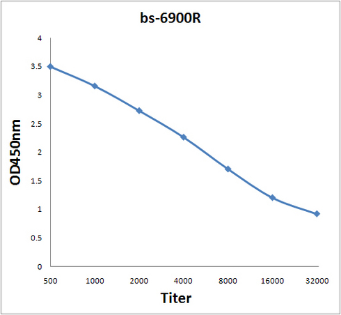 Antigen: bs-6900P, 2ug/100ul \nPrimary: Antiserum, 1:500, 1:1000, 1:2000, 1:4000, 1:8000, 1:16000, 1:32000; \nSecondary: HRP conjugated Rabbit Anti-Goat IgG(bs-0294R-HRP) at 1: 5000; \nTMB staining\nRead the data in Microplate Reader by 450nm. \n Antigen: bs-6900P, 2ug/100ul \nPrimary: Antiserum, 1:500, 1:1000, 1:2000, 1:4000, 1:8000, 1:16000, 1:32000; \nSecondary: HRP conjugated Rabbit Anti-Goat IgG(bs-0294R-HRP) at 1: 5000; \nTMB staining\nRead the data in Microplate Reader by 450nm. \n