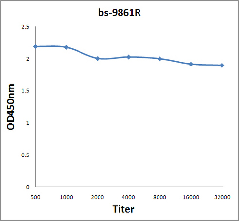 Antigen: bs-9861P, 2ug/100ul \nPrimary: Antiserum, 1:500, 1:1000, 1:2000, 1:4000, 1:8000, 1:16000, 1:32000; \nSecondary: HRP conjugated Rabbit Anti-Goat IgG(bs-0294R-HRP) at 1: 5000; \nTMB staining\nRead the data in Microplate Reader by 450nm. \n Antigen: bs-9861P, 2ug/100ul \nPrimary: Antiserum, 1:500, 1:1000, 1:2000, 1:4000, 1:8000, 1:16000, 1:32000; \nSecondary: HRP conjugated Rabbit Anti-Goat IgG(bs-0294R-HRP) at 1: 5000; \nTMB staining\nRead the data in Microplate Reader by 450nm. \n