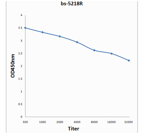 Antigen: bs-5218P, 0.2ug/100ul \nPrimary: Antiserum, 1:500, 1:1000, 1:2000, 1:4000, 1:8000, 1:16000, 1:32000; \nSecondary: HRP conjugated Goat-Anti-Rabbit IgG(bs-0295G-HRP) at 1: 5000;\nTMB staining;\nRead the data in MicroplateReader by 450\n Antigen: bs-5218P, 0.2ug/100ul \nPrimary: Antiserum, 1:500, 1:1000, 1:2000, 1:4000, 1:8000, 1:16000, 1:32000; \nSecondary: HRP conjugated Goat-Anti-Rabbit IgG(bs-0295G-HRP) at 1: 5000;\nTMB staining;\nRead the data in MicroplateReader by 450\n