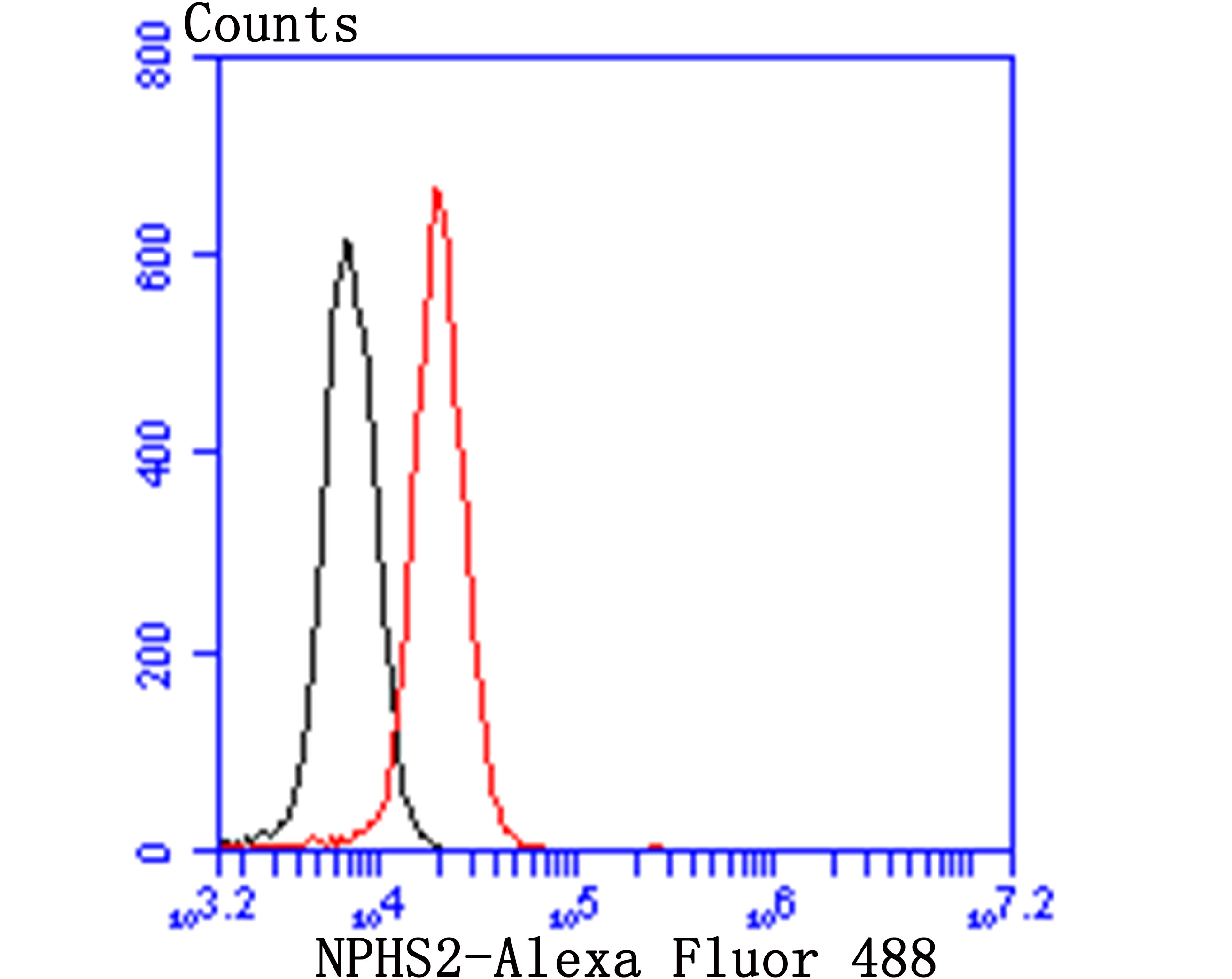 Flow cytometric analysis of 293T cells with NPHS2 (1A5) Monoclonal Antibody (bsm-54280R) at a 1:50 dilution (red) compared with an unlabeled control (cells without incubation with primary antibody; black).