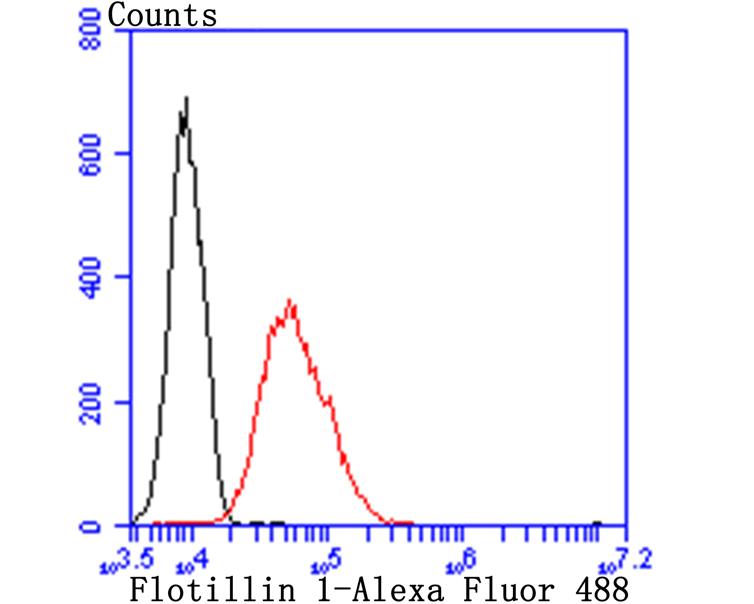 Flow cytometric analysis of HUVEC cells with Flotillin 1 (4C3) Monoclonal Antibody (bsm-54325R) at a 1:100 dilution (red) compared with an unlabeled control (cells without incubation with primary antibody; black).