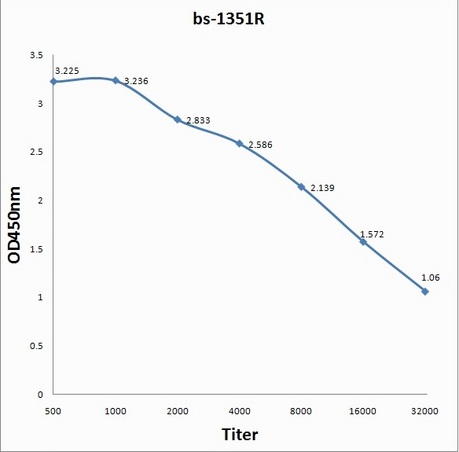 Antigen: bs-1351P, 0.2ug/100ul \nPrimary: Antiserum, 1:500, 1:1000, 1:2000, 1:4000, 1:8000, 1:16000, 1:32000; \nSecondary: HRP conjugated Goat Anti-Rabbit IgG(bs-0295G-HRP) at 1: 5000; \nTMB staining; Read the data in MicroplateReader by 450nm. \n