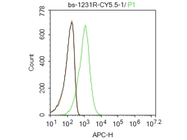 Molt4 cells(black) were fixed with 4% PFA for 10min at room temperature, permeabilized with PBST for 20 min at room temperature, and incubated in 5% BSA blocking buffer for 30 min at room temperature. Cells were then stained with ABCG1 Polyclonal Antibody, Cy5.5 Conjugated (bs-1231R-Cy5.5) at 1:50 dilution in blocking buffer and incubated for 30 min at room temperature, washed twice with 2%BSA in PBS. Acquisitions of 20,000 events were performed. Cells stained with primary antibody (green) and isotype control (orange).