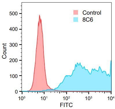 Flow cytometric analysis of 293F cells expressing PD-L1 probed with PD-L1 (6C8) Monoclonal Antibody, unconjugated (bsm-58003R) at 1:100 dilution (red), compared control IgG staining (blue).
