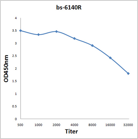 Antigen: bs-6140P, 0.2ug/100ul \nPrimary: Antiserum, 1:500, 1:1000, 1:2000, 1:4000, 1:8000, 1:16000, 1:32000; \nSecondary: HRP conjugated Goat Anti-Rabbit IgG(bs-0295G-HRP) at 1: 5000; \nTMB staining; Read the data in Microplate Reader by 450nm\n