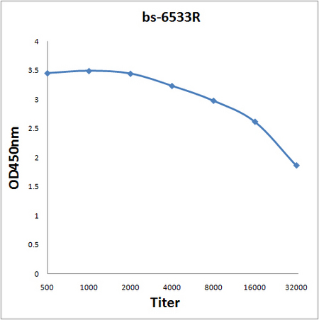 Antigen: bs-6533P, 0.2ug/100ul \nPrimary: Antiserum, 1:500, 1:1000, 1:2000, 1:4000, 1:8000, 1:16000, 1:32000; \nSecondary: HRP conjugated Goat Anti-Rabbit IgG(bs-0295G-HRP) at 1: 5000; \nTMB staining; Read the data in Microplate Reader by 450nm\n