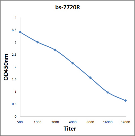 Antigen: bs-7720P, 0.2ug/100ul \nPrimary: Antiserum, 1:500, 1:1000, 1:2000, 1:4000, 1:8000, 1:16000, 1:32000; \nSecondary: HRP conjugated Goat Anti-Rabbit IgG(bs-0295G-HRP) at 1: 5000; \nTMB staining; \nRead the data in MicroplateReader by 450nm. \n