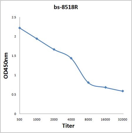 Antigen: bs-8518P, 2ug/100ul \nPrimary: Antiserum, 1:500, 1:1000, 1:2000, 1:4000, 1:8000, 1:16000, 1:32000; \nSecondary: HRP conjugated Rabbit Anti-Goat IgG(bs-0294R-HRP) at 1: 5000; \nTMB staining\nRead the data in Microplate Reader by 450nm. \n