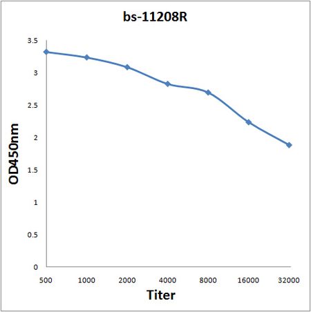 Antigen: bs-11208P, 2ug/100ul \nPrimary: Antiserum, 1:500, 1:1000, 1:2000, 1:4000, 1:8000, 1:16000, 1:32000; \nSecondary: HRP conjugated Rabbit Anti-Goat IgG(bs-0294R-HRP) at 1: 5000; \nTMB staining\nRead the data in Microplate Reader by 450nm. \n