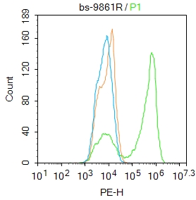 Molt4 cells were fixed with 4% PFA for 10min at room temperature,permeabilized with 90% ice-cold methanol for 20 min at -20℃ and incubated in 5% BSA blocking buffer for 30 min at room temperature. Cells were then stained with Titin Polyclonal Antibody(bs-9861R)at 1:50 dilution in blocking buffer and incubated for 30 min at room temperature, washed twice with 2%BSA in PBS, followed by secondary antibody incubation for 40 min at room temperature. Acquisitions of 20,000 events were performed. Cells stained with primary antibody (green), and isotype control (orange). Molt4 cells were fixed with 4% PFA for 10min at room temperature,permeabilized with 90% ice-cold methanol for 20 min at -20℃ and incubated in 5% BSA blocking buffer for 30 min at room temperature. Cells were then stained with Titin Polyclonal Antibody(bs-9861R)at 1:50 dilution in blocking buffer and incubated for 30 min at room temperature, washed twice with 2%BSA in PBS, followed by secondary antibody incubation for 40 min at room temperature. Acquisitions of 20,000 events were performed. Cells stained with primary antibody (green), and isotype control (orange).