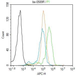 Molt-4 cells(black) were fixed with 4% PFA for 10min at room temperature,permeabilized with 90% ice-cold methanol for 20 min at -20℃, and incubated in 5% BSA blocking buffer for 30 min at room temperature. Cells were then stained with _x000D_ WWOX Antibody(bs-0589R)at 1:50 dilution in blocking buffer and incubated for 30 min at room temperature, washed twice with 2% BSA in PBS, followed by secondary antibody(blue) incubation for 40 min at room temperature. Acquisitions of 20,000 events were performed. Cells stained with primary antibody (green), and isotype control (orange).