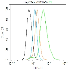 HepG2 cells(black) were fixed with 4% PFA for 10min at room temperature,permeabilized with 0.1% PBST for 20 min at room temperature, and incubated in 5% BSA blocking buffer for 30 min at room temperature. Cells were then stained with _x000D_ LDL receptor Polyclonal Antibody(bs-0705R)at 1:50 dilution in blocking buffer and incubated for 30 min at room temperature, washed twice with 2% BSA in PBS, followed by secondary antibody(blue) incubation for 40 min at room temperature. Acquisitions of 20,000 events were performed. Cells stained with primary antibody (green), and isotype control (orange).