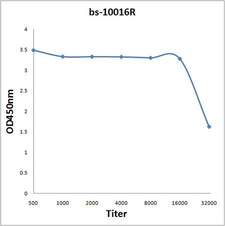 Antigen: bs-10016P, 0.2ug/100ul \nPrimary: Antiserum, 1:500, 1:1000, 1:2000, 1:4000, 1:8000, 1:16000, 1:32000; \nSecondary: HRP conjugated Goat-Anti-Rabbit IgG(bs-0295G-HRP) at 1: 5000;\nTMB staining;\nRead the data in MicroplateReader by 450