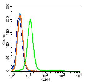 RSC96 cells(black) were incubated in 5% BSA blocking buffer for 30 min at room temperature. Cells were then stained with _x000D_ IL-1R2 Antibody（bs-2595R） at 1:50 dilution in blocking buffer and incubated for 30 min at room temperature, washed twice with 2% BSA in PBS. Acquisitions of 20,000 events were performed. Cells stained with primary antibody (green) and isotype control (orange).