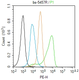 U-937 cells(black) were incubated in 5% BSA blocking buffer for 30 min at room temperature. Cells were then stained with _x000D_ IFNAR1(Ser535+Ser538) Antibody（bs-5457R） at 1:50 dilution in blocking buffer and incubated for 30 min at room temperature, washed twice with 2% BSA in PBS. Acquisitions of 20,000 events were performed. Cells stained with primary antibody (green) and isotype control (orange).