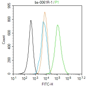 NIH/3T3 cells were fixed with 4% PFA for 10min at room temperature,permeabilized with 90% ice-cold methanol for 20 min at -20℃, and incubated in 5% BSA blocking buffer for 30 min at room temperature. Cells were then stained with beta Actin Polyclonal Antibody(bs-0061R)at 1:100 dilution in blocking buffer and incubated for 30 min at room temperature, washed twice with 2%BSA in PBS, followed by secondary antibody incubation for 40 min at room temperature. Acquisitions of 20,000 events were performed. Cells stained with primary antibody (green), and isotype control (orange).