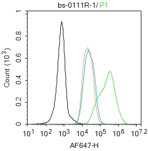 MCF-7 cells were fixed with 4% PFA for 10min at room temperature,permeabilized with 90% ice-cold methanol for 20 min at -20℃, and incubated in 5% BSA blocking buffer for 30 min at room temperature. Cells were then stained with Progesterone Receptor Antibody(bs-0111R)at 1:100 dilution in blocking buffer and incubated for 30 min at room temperature, washed twice with 2%BSA in PBS, followed by secondary antibody incubation for 40 min at room temperature. Acquisitions of 20,000 events were performed. Cells stained with primary antibody (green), and isotype control (orange).