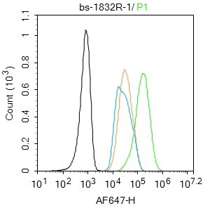 HepG2 cells were fixed with 4% PFA for 10min at room temperature,permeabilized with 90% ice-cold methanol for 20 min at -20℃, and incubated in 5% BSA blocking buffer for 30 min at room temperature. Cells were then stained with PGC1 alpha Polyclonal Antibody(bs-1832R)at 1:100 dilution in blocking buffer and incubated for 30 min at room temperature, washed twice with 2%BSA in PBS, followed by secondary antibody incubation for 40 min at room temperature. Acquisitions of 20,000 events were performed. Cells stained with primary antibody (green), and isotype control (orange).