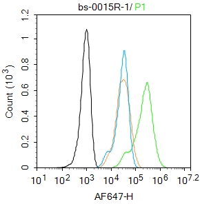 HepG2 cells were fixed with 4% PFA for 10min at room temperature,permeabilized with 0.1% PBST  for 20 min at room temperature, and incubated in 5% BSA blocking buffer for 30 min at room temperature. Cells were then stained with IGF 2 Polyclonal Antibody(bs-0015R)at 1:100 dilution in blocking buffer and incubated for 30 min at room temperature, washed twice with 2%BSA in PBS, followed by secondary antibody incubation for 40 min at room temperature. Acquisitions of 20,000 events were performed. Cells stained with primary antibody (green), and isotype control (orange).