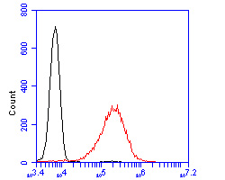 Jurkat cells were fixed,permeabilized and incubated in 5% BSA blocking buffer for 30 min at room temperature. Cells were then stained with CD45 Monoclonal Antibody(bsm-54757R)at 1:100 dilution in blocking buffer and incubated for 30 min at room temperature, washed twice with 2%BSA in PBS, followed by secondary antibody incubation for 40 min at room temperature. Acquisitions of 20,000 events were performed. Cells stained with primary antibody (red).