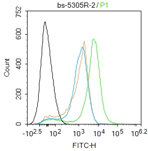 Mouse spleen cells were fixed with 4% PFA for 10min at room temperature,permeabilized with 90% ice-cold methanol for 20 min at room temperature, and incubated in 5% BSA blocking buffer for 30 min at room temperature. Cells were then stained with E2F1 (Ser337) Polyclonal Antibody(bs-5305R)at 1:50 dilution in blocking buffer and incubated for 30 min at room temperature, washed twice with 2%BSA in PBS, followed by secondary antibody incubation for 40 min at room temperature. Acquisitions of 20,000 events were performed. Cells stained with primary antibody (green), and isotype control (orange).