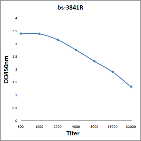 Antigen: bs-3841P, 0.2ug/100ul \nPrimary: Antiserum, 1:500, 1:1000, 1:2000, 1:4000, 1:8000, 1:16000, 1:32000; \nSecondary: HRP conjugated Goat-Anti-Rabbit IgG(bs-0295G-HRP) at 1: 5000;\nTMB staining;\nRead the data in MicroplateReader by 450