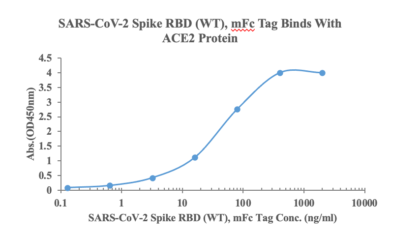 Measured by its binding ability in a functional ELISA. Immobilized human ACE2, His-Avi Tag (Cat: bs-46001P) at 2μg/ml (100ul/Well) can bind SARS-CoV-2 Spike RBD (WT), mFc Tag (Cat: bs-43046P), the EC50 is 34ng/ml.