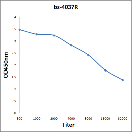 Antigen: bs-4037P, 0.2ug/100ul \nPrimary: Antiserum, 1:500, 1:1000, 1:2000, 1:4000, 1:8000, 1:16000, 1:32000; \nSecondary: HRP conjugated Goat-Anti-Rabbit IgG(bs-0295G-HRP) at 1: 5000;\nTMB staining;\nRead the data in MicroplateReader by 450